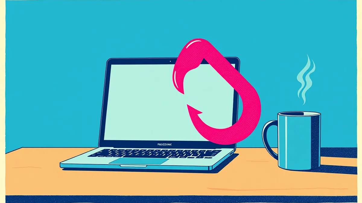 Illustration: A sleek laptop sits on a wooden desk beside a steaming mug.