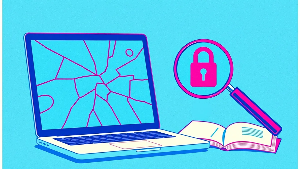 Illustration: A cracked laptop screen sits beside a single, blank hard drive and a magnifying glass hovering over a complex, abstract encryption key shape.