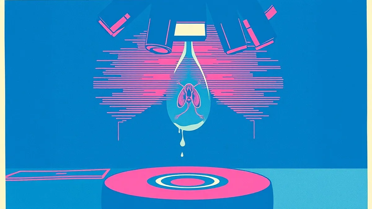 Illustration: A blurred microscopic organism hovers in a glass drop under a microscope lens, while a jagged digital glitch fractures the image above it.