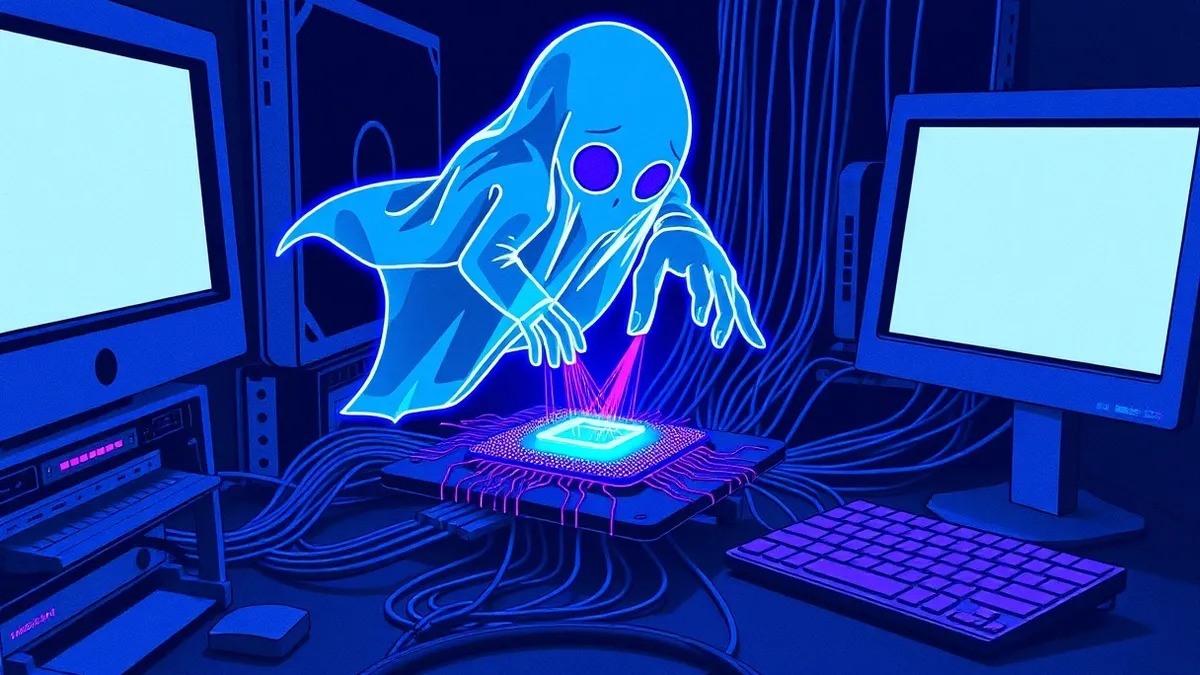 Illustration: A translucent digital ghost reaches into the glowing blue core of a computer processor, extracting shimmering threads of light that represent stored credentials.