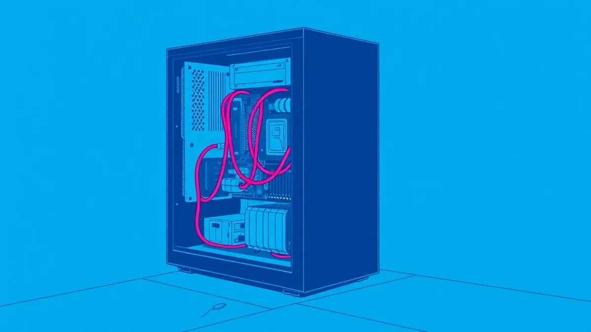 Illustration: A sleek black server tower stands alone on a concrete floor with its side panel removed to reveal complex circuit boards.