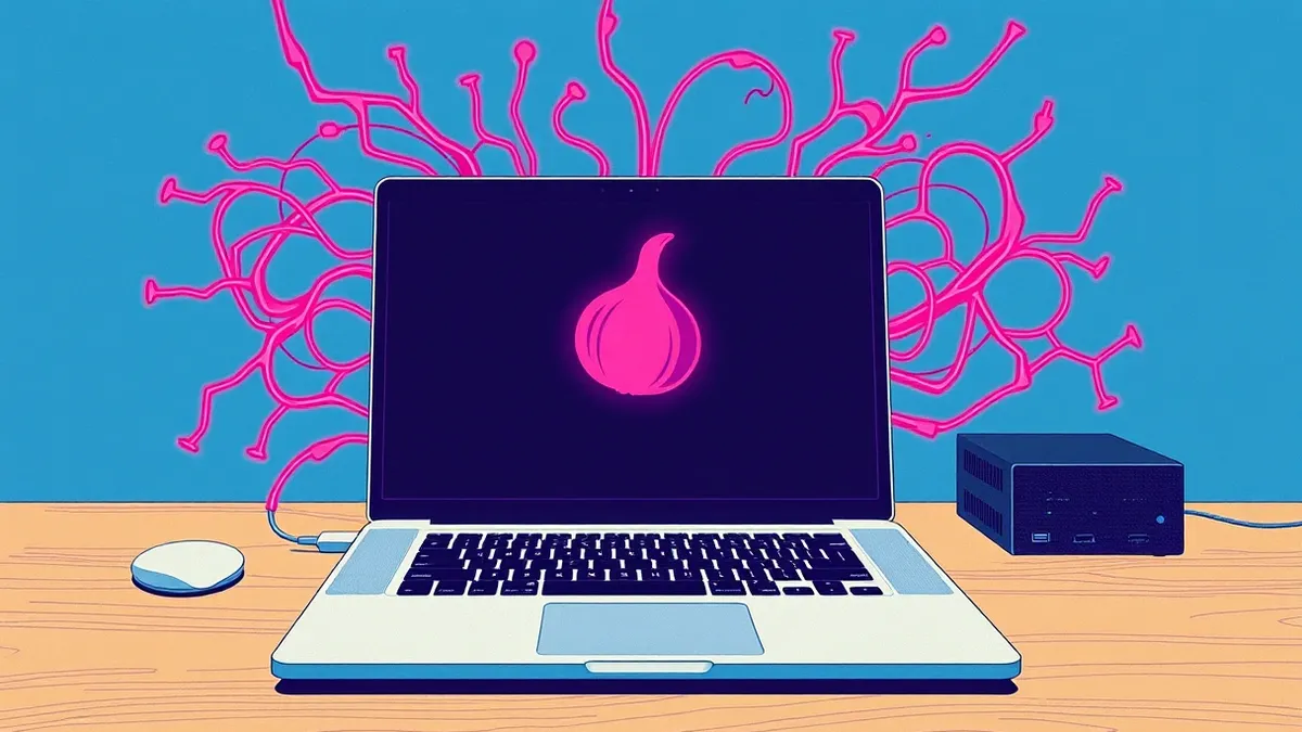 Illustration: A sleek silver laptop sits on a wooden desk with its screen displaying a dark interface featuring the iconic purple onion icon.