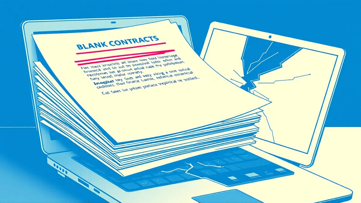 Illustration: A thick stack of blank paper contracts sits atop a cracked laptop keyboard.