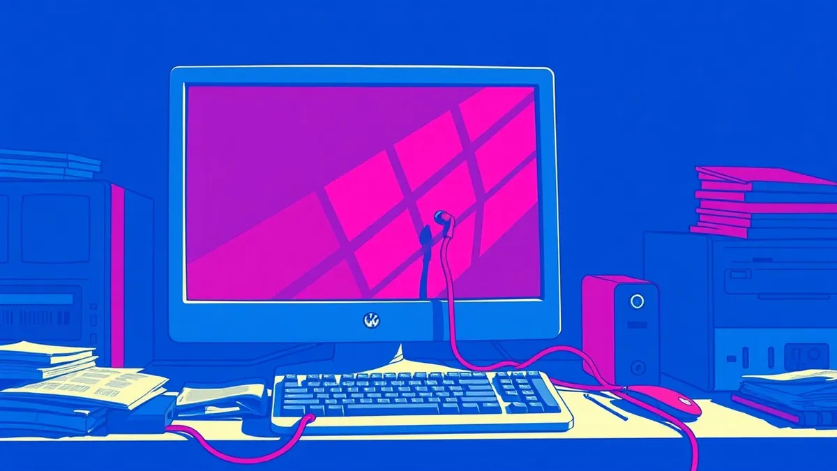 Illustration: A blank computer monitor sits on a cluttered desk while a thin red wire snakes from the keyboard toward an open window latch.