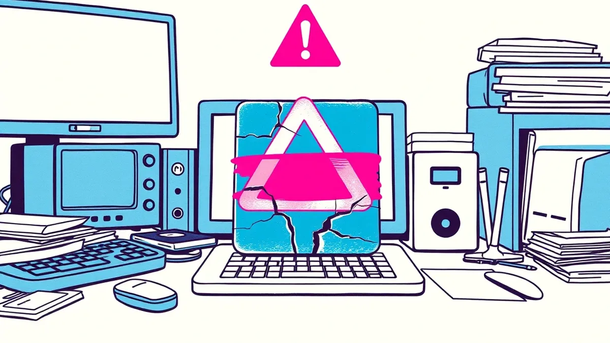 Illustration: A cracked software installer icon sits on a cluttered desktop, its surface cracked and distorted.