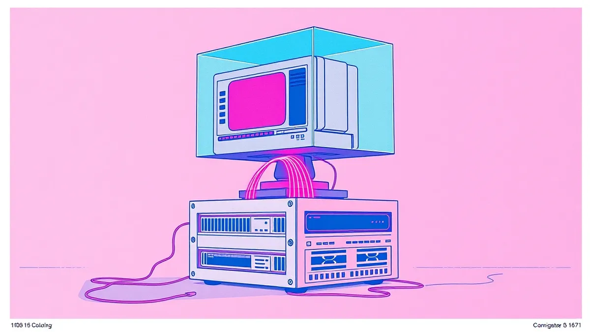 Illustration: A translucent virtual machine window hovers over a solid hardware block.