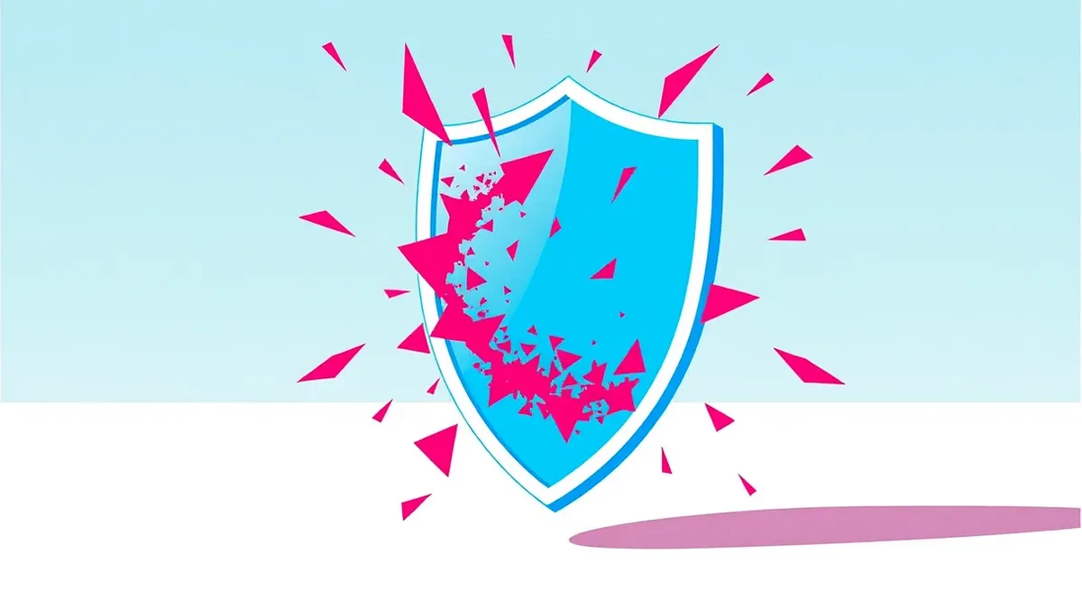 Illustration: A white shield floats in a sterile void, its surface transparent to reveal a chaotic swirl of red jagged shapes bouncing off the inner barrier.