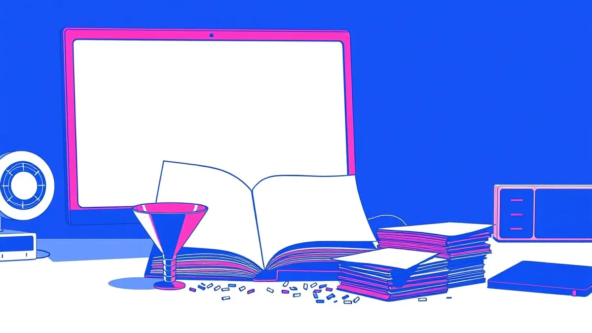 Illustration: A clean white desk holds a thick manual with blank pages, positioned beside a modern monitor displaying abstract geometric shapes.