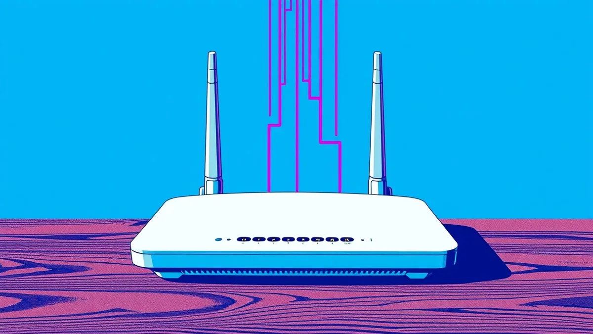 Illustration: A white wireless router sits on a wooden table with its antennas upright.