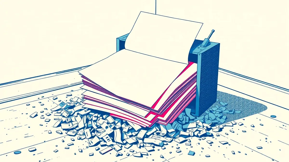 Illustration: A stack of blank white paper sheets spills from a broken mechanical shredder onto a dusty floor.