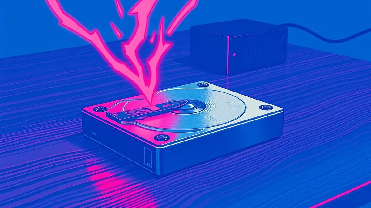 Illustration: A silver hard drive sits on a dark wooden desk, its metallic surface reflecting overhead light.