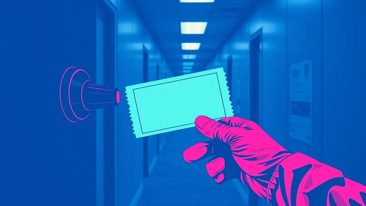 Illustration: A translucent glass ticket slips silently from a generic office door handle into a waiting gloved hand.