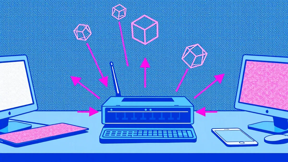 Illustration: A small office router sits on a desk, surrounded by floating geometric shapes representing open ports.