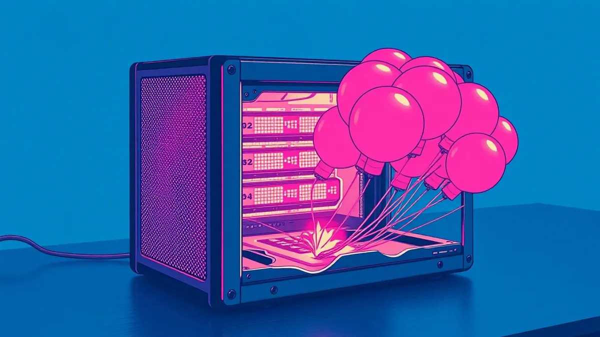 Illustration: A sleek, generic software server sits isolated on a dark desk.