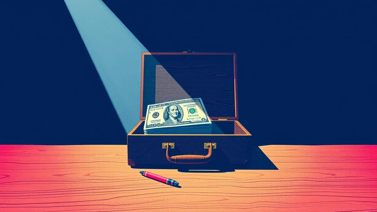 Illustration: A wooden briefcase sits open on a polished oak desk, revealing thick stacks of unmarked cash and a single red pen resting beside them.