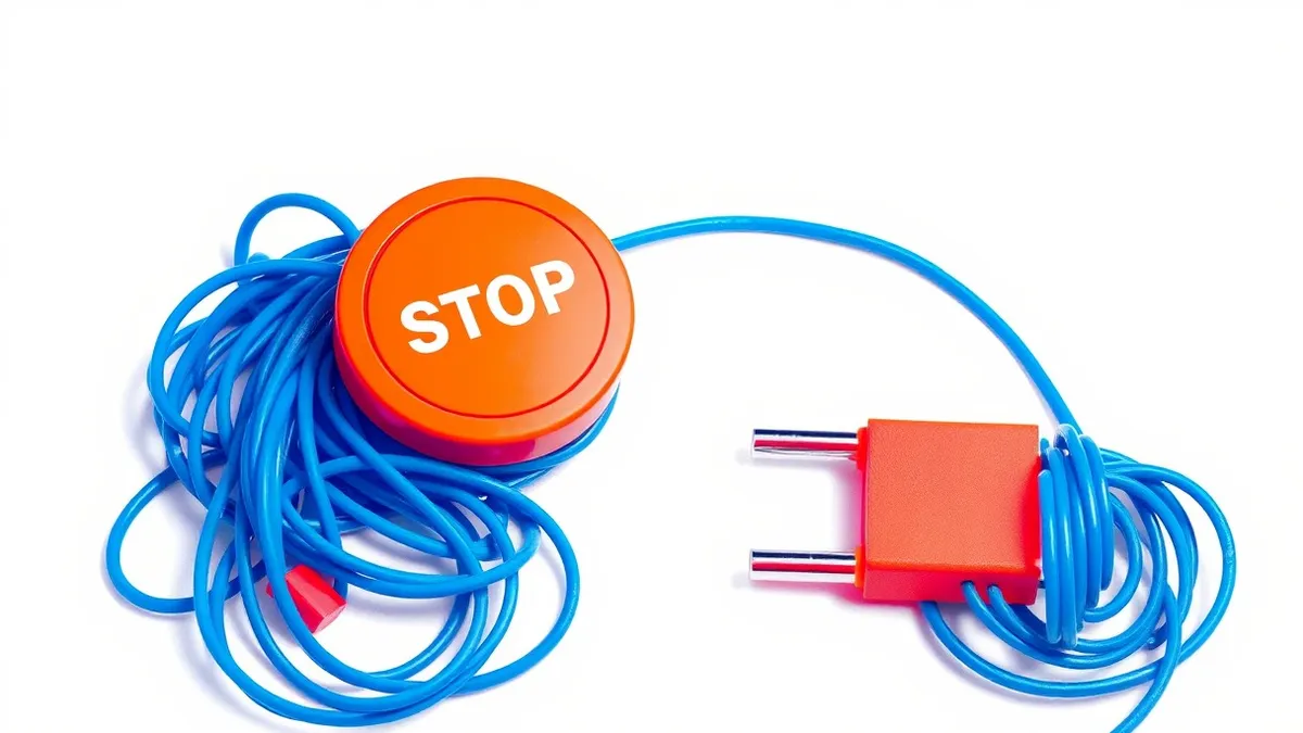 Illustration: A bright orange emergency stop button sits isolated on a clean white surface, surrounded by tangled blue cables that have been neatly coiled and pushed to the side.