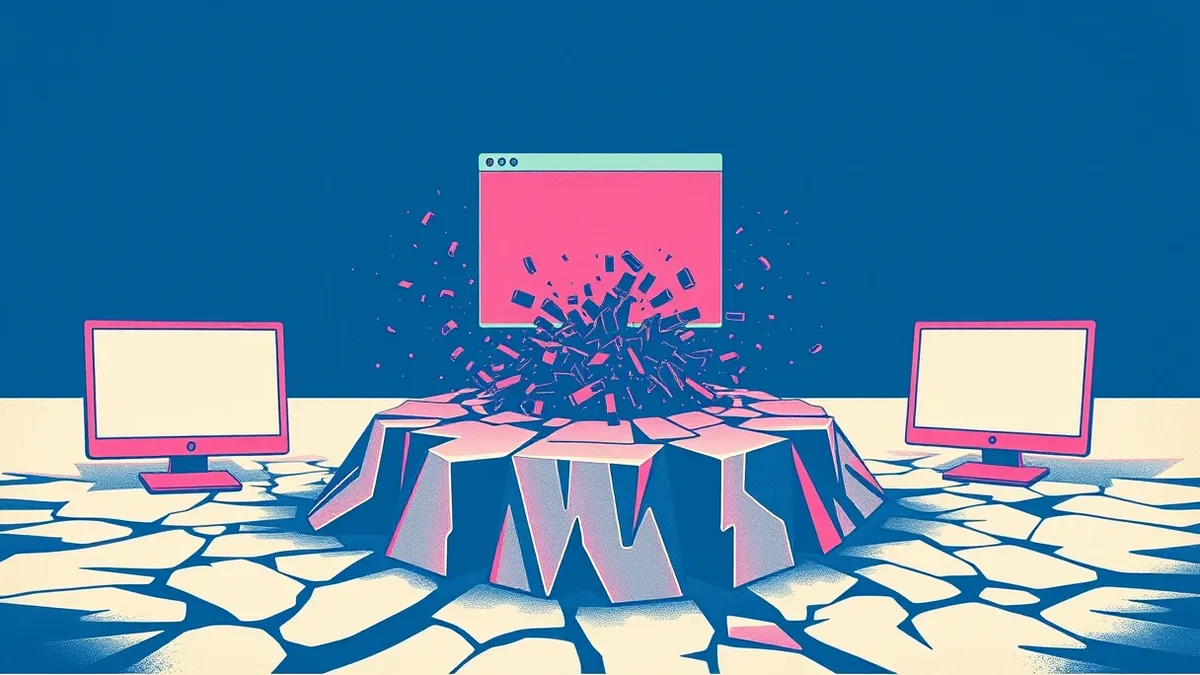 Illustration: A stylized window manager interface floats above a cracked, jagged foundation representing system memory.