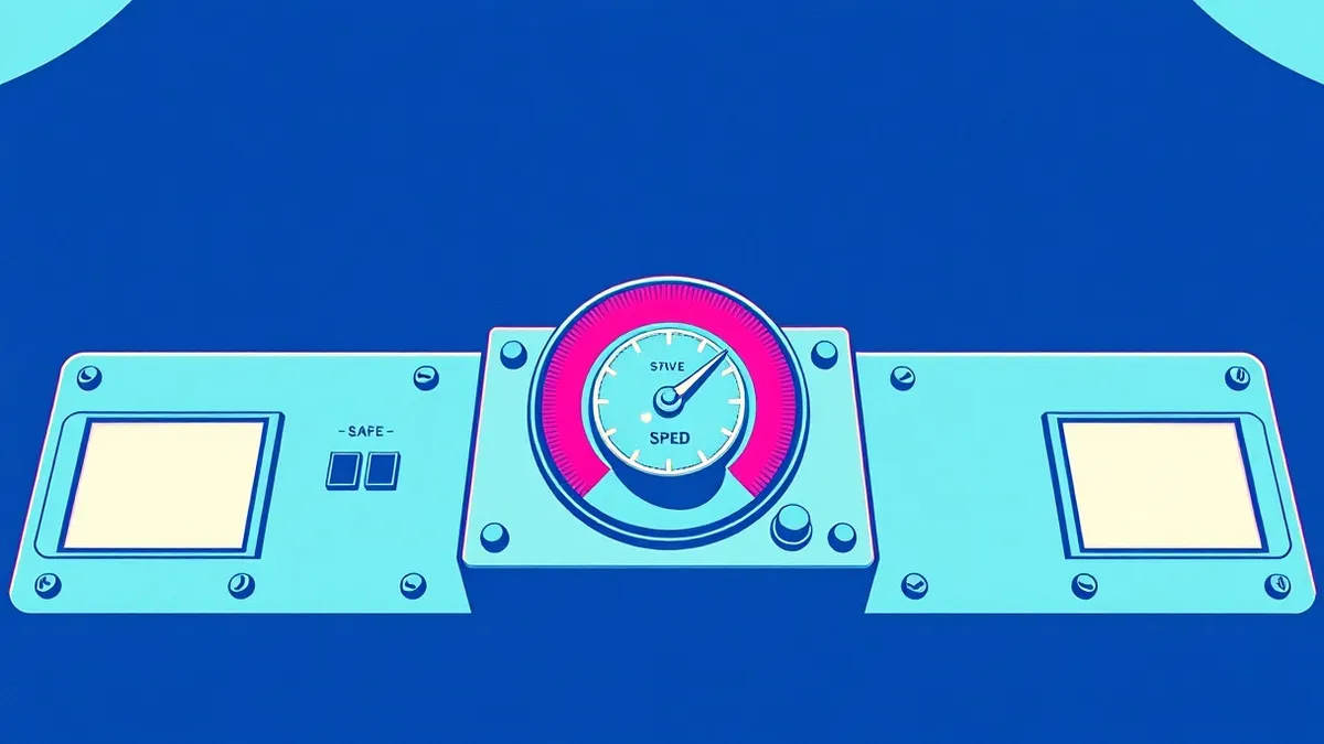 Illustration: A sleek, metallic control panel sits isolated in a dark void, its surface featuring a prominent, oversized dial that has been twisted far beyond its safe red zone, ca