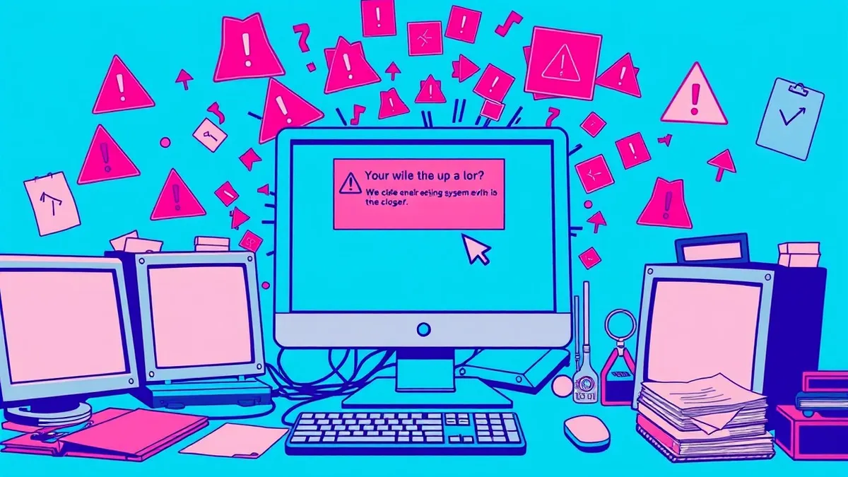 Illustration: A cluttered computer desktop fills with aggressive red warning boxes and flashing abstract symbols, creating a chaotic visual noise that overwhelms the clean backgrou
