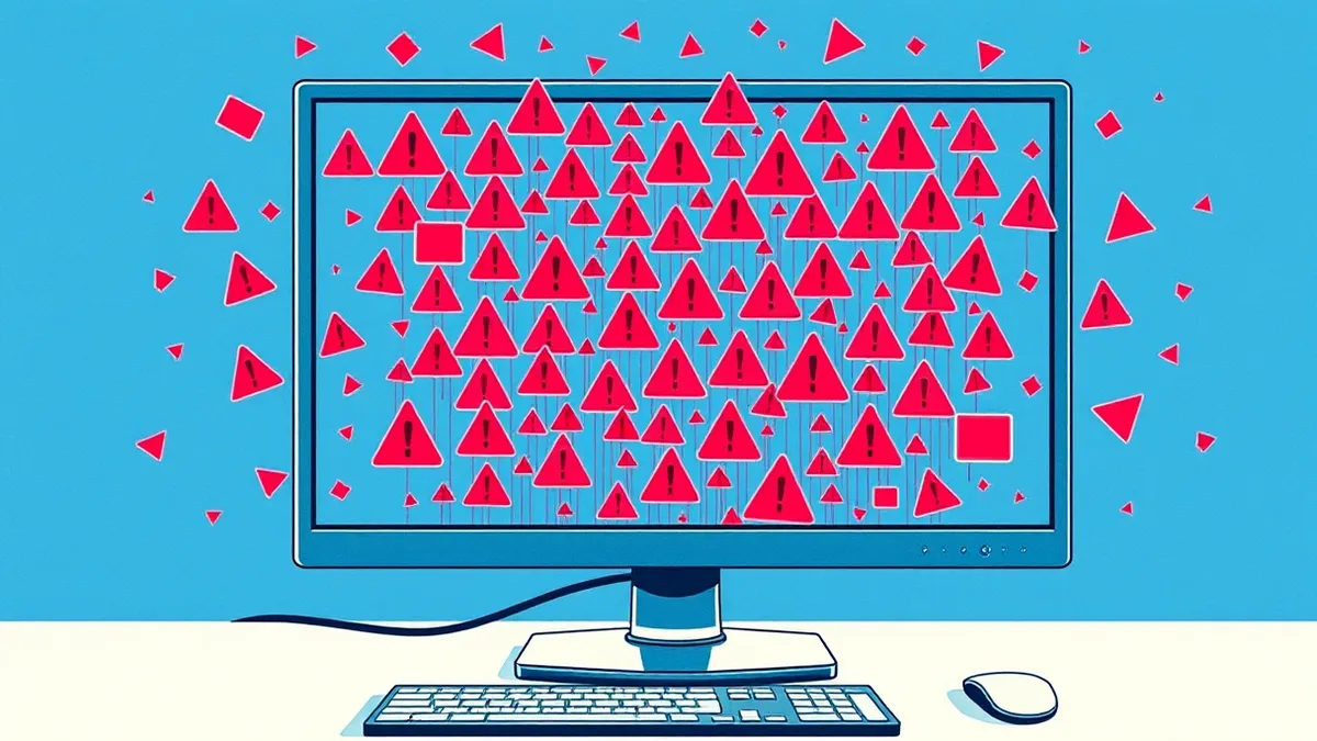 Illustration: A single monitor displays a chaotic waterfall of abstract red warning icons and jagged geometric shapes.