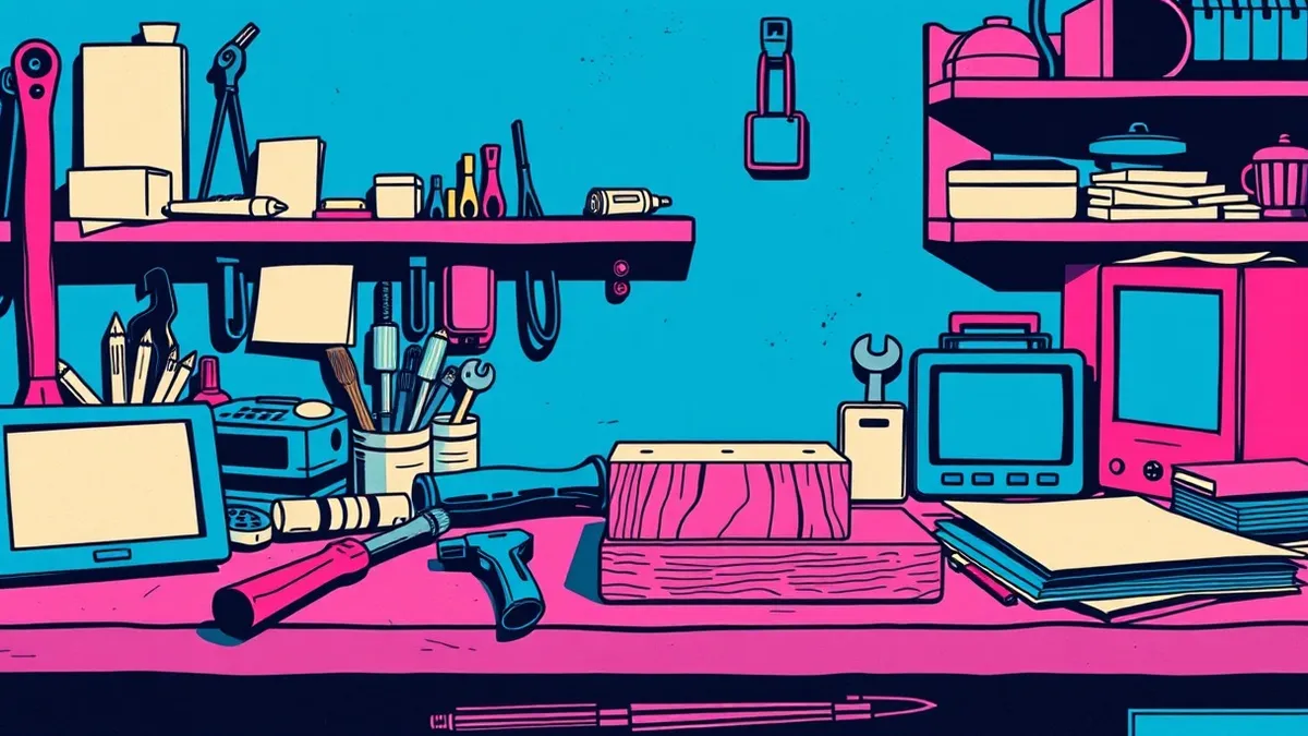 Illustration: A cluttered workshop bench holds ordinary tools like a hammer and screwdriver, but one tool is disguised as a harmless wooden block.